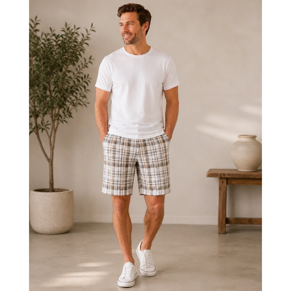 BEN HOGAN Golf Shorts Plaid Performance Stretch Mens 38 Tan Brown White
